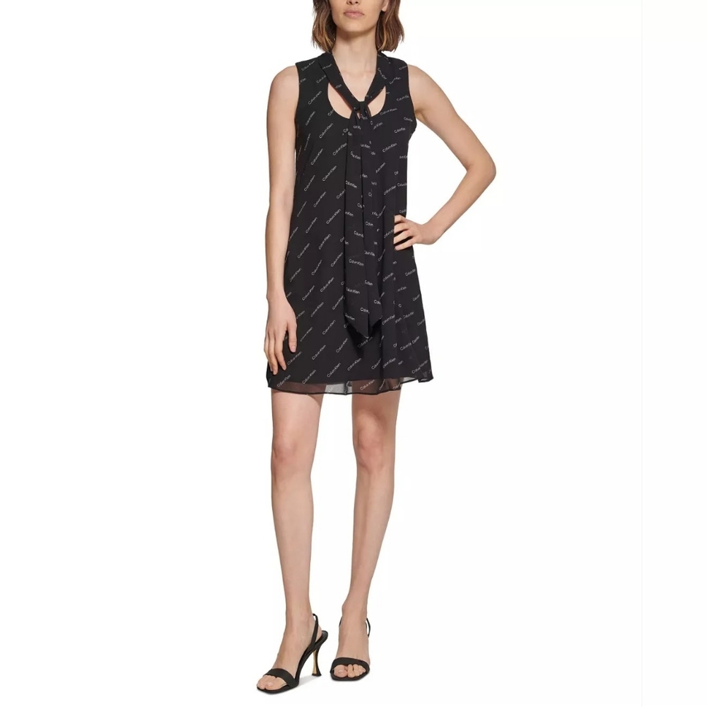Calvin Klein Women's Logo Chiffon Tie Neck Shift Dress‎ Size:2 NWT